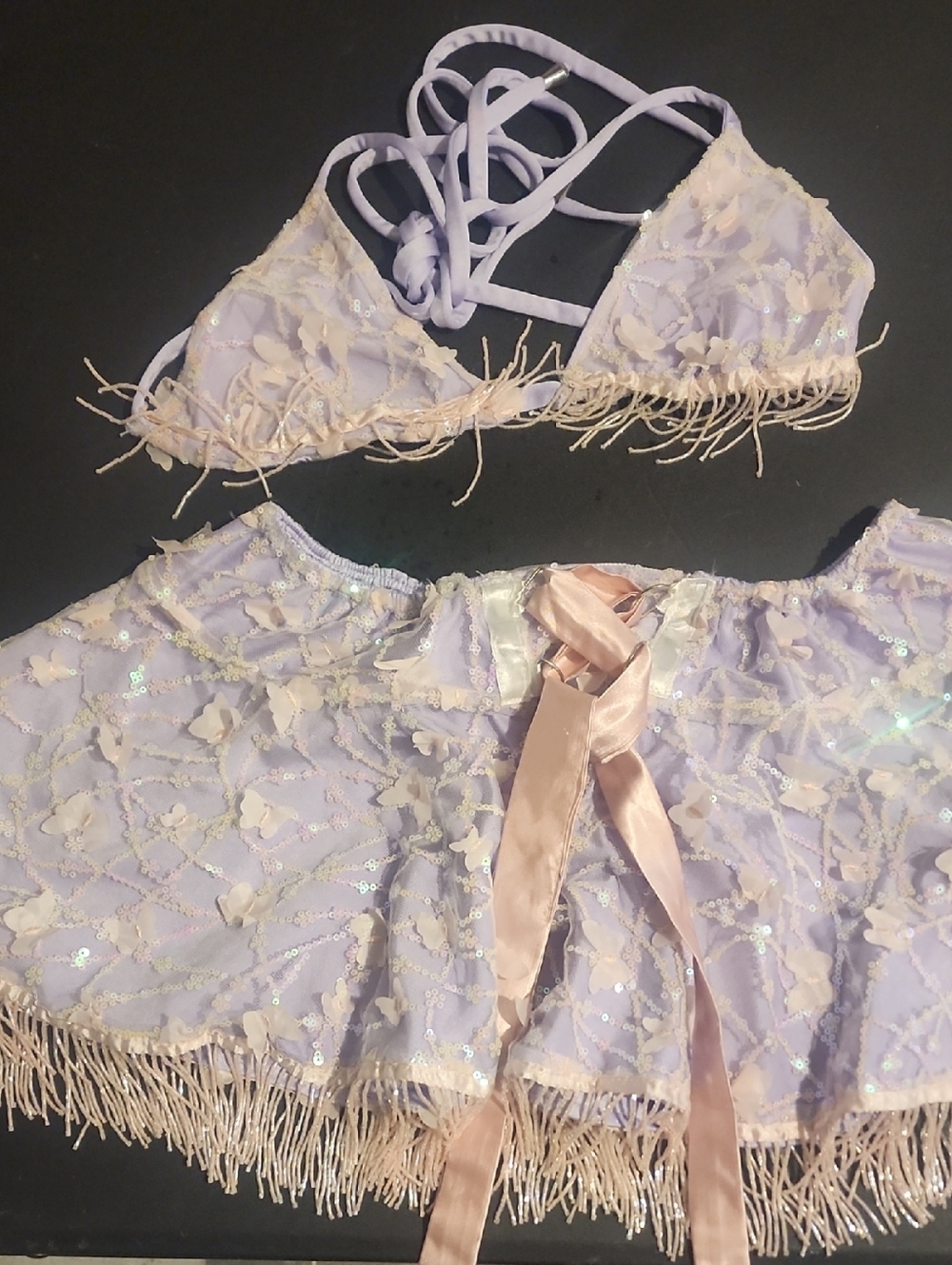 Roma Lavender & Blush Fringe Lace Bralette and Skirt Set